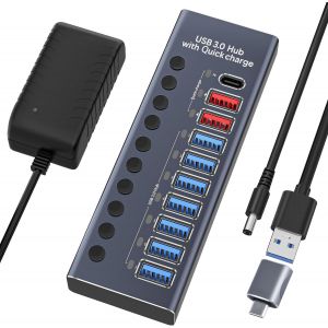Aktiver Hub mit 72W (24V/3A) Netzteil, 10 Aluminium Ports USB 3.0 Hub zum Laden und Hochgeschwindigkeitsdatentransfer, Multiport USB 3.0 Splitter mit Einzelschaltern, USBC Adapter - Neuf