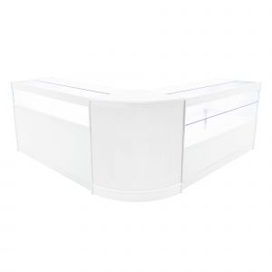 Comptoirs De Vente En Mdf Blanc Led Blancs Intégrés Ensemble Adonis B1500, C1500, Cm60 3 Étagères Portes Coulissantes Verouillable Rangement Commerciale Réception Bureau Vêtements Bijoux [Clés Inclus] - Neuf