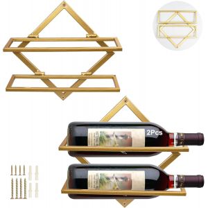 Cmwx-Supports Muraux Pour Bouteilles De Vin En Métal, Rganisateur De Casier À Vin Suspendu Pliable Pour 2 Bouteilles D'alcool, Étagère Murale Casier À Vin Pour Cave De Bar De Cuisine (2, Gold-A) - Neuf