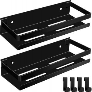 Etagere Salle de Bain Sans Percage Noir 2 Pi&egrave;ces Etagere Douche Inox avec 4 Crochets 30cm Etagere Douche Sans Percage - Neuf