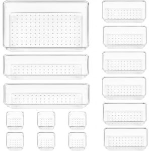 Lot de 15 Organisateurs de Tiroir-4 Tailles,Rangement Tiroir en Plastique Transparent-Parfait pour Salle de Bain,Coiffeuse,Bureau,Cuisine,Outils et Maquillage - Neuf