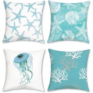 Lot De 4 Housse De Coussin Océan 45 X 45 Cm Étoile De Mer Coquillage Méduse Bleu Côtier Velours Doux Décoratif Taie D'oreiller Pour Canapé Lits Chaises Voiture Salon Maison Décor - Neuf