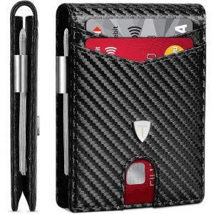 Portefeuille Homme Slim Cuir En Fibre De Carbone Avec Blocage Rfid Et Emplacements Pour Cartes De Crédit, Clip De Billets, Mi[J402] - Neuf