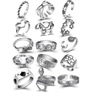 Kal-9/15 Pcs Anneaux Punk Vintage Femm, Homme Acier Bague Gothique Bague, Bague Serpent,Bague Reglable, Visage Qui Pleure Couple Étreignant Bague,Tête De Grenouille, Style De Rue Tendance Applicable - Neuf