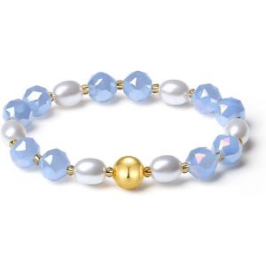 Kalsw-Bracelet Pour Femmes Fait Main Extensible 10mm Cristaux Colorés Perles D'eau Douce Perle De Culture Bracelet Sphérique 18k De Perles Plaqué Or Cristal Précieuse Pierre Naturelle - Neuf