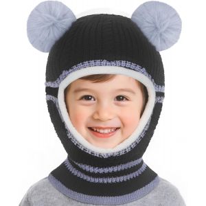 Kalanka-Bonnet Cagoule Chaud D'hiver Pour Enfant, Bonnet Echarpe Hiver Chaud Cache Oreilles Chapeaux Tricot&eacute; Capuche Doux Avec Double Pompon Pour Childs Filles Gar&ccedil;on 2-5 Ans - Neuf