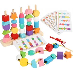 Eryi-Montessori Jouet, 3 En 1 Jouets De Perles De Laçage En Bois, Empilable Y Enfiler Jouet, Tri Jouets, Jeu Éducatif, Jouets D'apprentissage Préscolaire À Partir De 2, 3, 4, 5 Ans Et Plus - Neuf