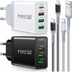 Chargeur USB-C 35W 4 Ports, 2 Blocs de Charge Rapide PD avec 2 C&acirc;bles 6,6 Pieds, Compatible Samsung Galaxy S25/S24/S23/S22/S21 ULT/LG/Google Pixel 6/Tablettes, Bloc Mural Compact (Noir & Blanc) - Neuf