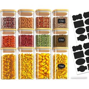 Jexnovashop-Bocaux En Verre Lot De 12,430ml/750ml Bocal En Verre Avec Couvercle,Pot Epices Verre Rangement Cuisine Bocaux &Agrave; &Eacute;pices,Hermetiques Boite Rangement Pour C&eacute;r&eacute;ales 16 &Eacute;tiquettes Noires,Stylo - Neuf