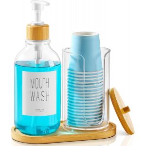 KAL-Distributeur De Savon Avec Support En Bambou, Distributeur De Liquide 500Ml, Gobelets En Plastique Jetables Avec Couvercle Pour La Cuisine Ou La Salle De Bain - Clair - Neuf