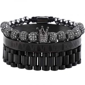 Personnalisé De Zirconium Ballon De La Couronne Tissé Bracelet En Acier Inoxydable Caractère Romain, Bracelet En Titane Acier Bracelet Hommes (Noir) - Neuf