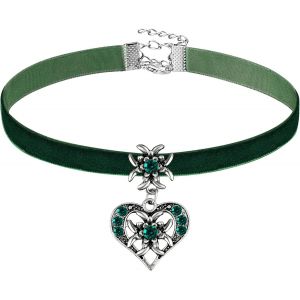 Kal-Collier Edelweiss Pour Femmes Avec Pendentif De Coeur Et Edelweiss Ras De Cou Élégant Collier Bavarois En Strass(Vert Foncé) - Neuf