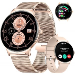 Women's Smart Watch 1.43 Inch Amoled Always-On Display Bluetooth Calls Smart Watch For Android Ios Pink Gold Mesh Large Round Smartwatch Women Step Counter Calorie Music - Neuf