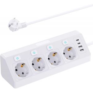 Prise d'angle avec 2 Ports USB A+2 Ports USB C, Multiprise Electrique Parasurtenseurs 4 prises avec interrupteur, protection contre les surtensions avec c&acirc;ble de 2 m pour la maison et le bureau, blanc - Neuf
