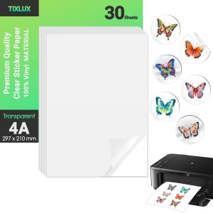 30 feuilles de papier autocollant en vinyle pour imprimante à jet d'encre,transparent,autocollant,sèche rapidement,couleurs vives,format A4 297x210mm - Neuf