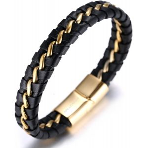 Eryi-¿ Solo Argent/Honneur Or/Veilleuse Noir ¿ Bracelet Pour Homme Fait Main | Cuir Véritable Noir | Fermoir Magnétique En Acier Inoxydable | Chaîne En Titane | Coffret Cadeau Gratuit - Neuf