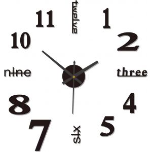 Grande Horloge Murale Adhesive, Horloge Murale 3D Design Moderne Noir DIY, Horloge Murale Géante Décorative Silencieuse avec Mécanisme Digital pour Chambre, Cuisine & Salon (Noir, 50CM) - Neuf