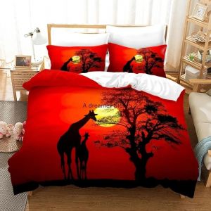 Parure De Lit Avec Housse De Couette 3d Motif Animaux Africains, Girafe Et Coucher De Soleil, Couvre-Lit En Microfibre Pour Garcon S Et Filles - Neuf
