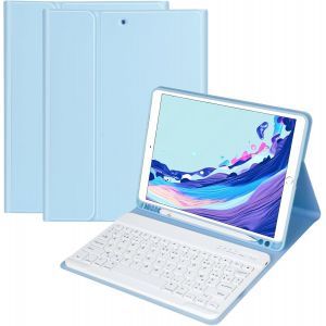 Clavier Coque Pour Ipad 10.2 9ème/8ème/7ème Génération 2021/2020/2019/Air 3 2019/Pro 10.5, Azerty Français Amovible Clavier Bluetooth Sans Fil Etui Réveil/Sommeil Automatique(Bleu Clair) - Neuf
