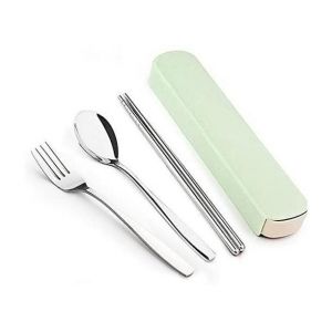 Ensemble De 3 Couverts En Acier Inoxydable R&eacute;utilisables (Fourchette, Cuill&egrave;re Et Baguettes) Avec &Eacute;tui - Neuf