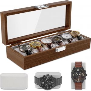 Kal-Boîte À Montres En Bois Boîte De Rangement Pour Montres, Coffret À Montres Pour 6 Montres, Écrin À Montres Avec Fenêtre En Verre Et Coussin En Velours, Rangement De Montres Pour Hommes Et Femmes - Neuf