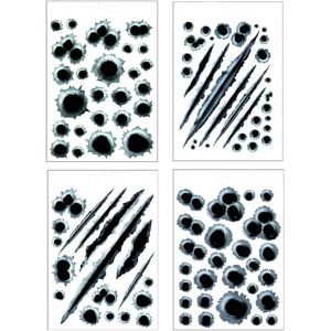 Lot de 4 feuilles d'autocollants à rayures et trous de balles, autocollants pour ordinateur portable, enfants, voitures, motos, vélos, skateboards, bagages, pare-chocs, imperméables - Neuf