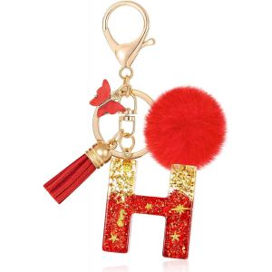 KAL-Initiale Letter Keychains Porte Cl&eacute; Lettre,Alphabet Initial Keyring Avec Papillon Pompon Pendentif,Rouge Feuille D'Or Key Ring Pour Femmes Portefeuilles Sac &Agrave; Main Bagages Charme - Neuf