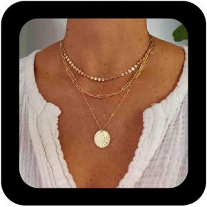 Kal-Bohemia Collier Disque Dor&eacute; Superpos&eacute; Collier Ras Du Cou Pendentif Disque Martel&eacute; Colliers Superpos&eacute;s Collier Cha&icirc;ne Trombone Collier Cha&icirc;ne Pi&egrave;ce De Monnaie Ronde Bijoux Pour Femmes - Neuf