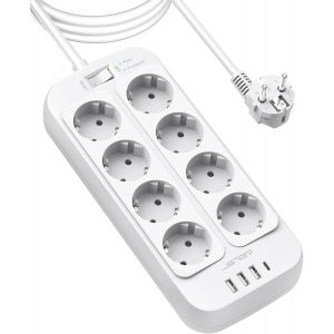 Multiprise Parasurtenseur,Bloc Multiprise 8 Prises avec 4 Ports USB Chargeur (3 USB A+1 USB C) Prise Multi Parasurtenseur Parafoudre et Surtension avec Interrupteur Cable 3M-Blanc - Neuf