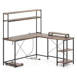 Bureau d'ordinateur en L 145 x 145 x 147 cm avec bande LED et prises de courant design scandinave en bois MDF marron Helloshop26 20_0010875 - Neuf