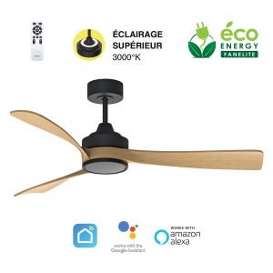 Fanelite - Ventilateur de plafond 132 cm noir et bois MANIHI - Moteur DC 35W - LED 20W dimmable 3 couleurs + LED SUPERIEURE 2W 3000°K - Neuf