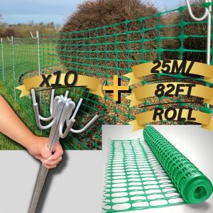 Mevronisshop-Lot De 10 Piquets De Cl&ocirc;ture Galvanis&eacute;s De Qualit&eacute; Sup&eacute;rieure Longue Dur&eacute;e Avec Barri&egrave;re Temporaire De 25 M En Maille 130 G/M&sup2; Pour Ext&eacute;rieur Jardin En Plastique - Neuf