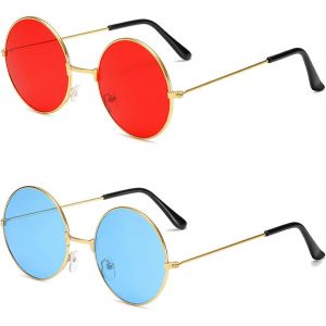 Asas-Lunette De Soleil Ronde Hippie,Lunettes Fête Rondes,Lunettes De Soleil Ronde Avec Monture En Métal,Lunettes De Soleil Femme,Rondes Hippie Lunettes,Lunettes De Soleil Vintage,Rouge Et Bleu - Neuf