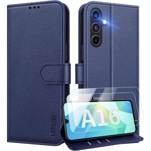 Kal-Coque Pour Samsung Galaxy A16 5g/4g Coque Etui Portefeuille Cuir Avec 2 Verre Trempé Protection Écran Porte Carte Rabat Clapet Flip Case Étui Cover Housse Etui Pour Samsung A16 5g/4g,Bleu - Neuf