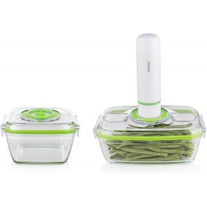 SUBZONAL-Kit pompe &eacute;lectrique de mise sous vide 492985-2 bo&icirc;tes en verre, Blanc, Transparent, Lot de 2 boites fra&icirc;cheur sous vide 1,1 L et 0,7 L + Pompe - Neuf