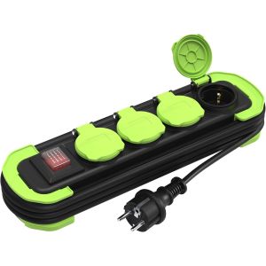 Multiprise 4 Prises Ip44 Prise Multiple Avec Interrupteur, Multiprise Exterieur Etanche, Prises À Contact De Protection Avec Couvercles Et Câble Enroulable 3M 16A/250V H05Rr-F3G1 Noir/Vert - Neuf