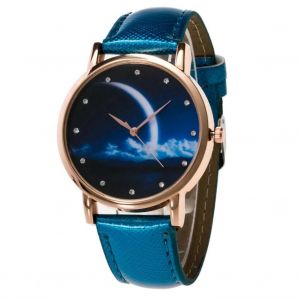 Zhoulianfa Strass Nuit Lune Motif Cadran Cristal Grain Pu Bracelet Cuir Montre (Bleu) - Neuf