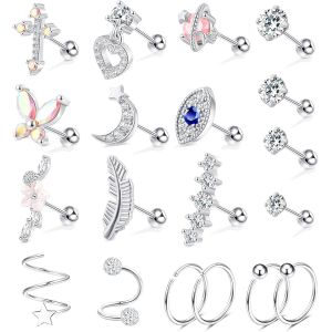 Kal-19 Pi&egrave;ces Lot Boucle D'oreille Acier Inoxydable Pour Femme Piercing Tragus Cartilage Oreille Anneau Creole Or Argent Croix Acier Chirurgical Lune Coeur Zircon Boucle D'oreille Cadeau Ado Fille - Neuf