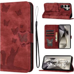 Kal-Housse Protection Pour Samsung Galaxy S24 Ultra 5g 6.8 Pouces Matériau En Cuir Pu Samsung S24 Ultra Coque Avec Fentes Pour Cartes Coque Samsung S24 Ultra Avec Longe Anti Perte Rouge - Neuf