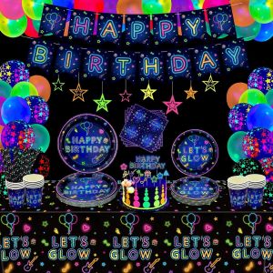 CAUC-170 Emballage Accessoires de f&ecirc;te fluorescents Set de table fluorescent Ballons fluorescents Banni&egrave;re d'anniversaire fluorescente Etoiles suspendues Cake Toppers pour 20 personnes - Neuf