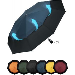 Parapluie Pliant Compact - Parapluie Homme Automatique Resistant Vent, Parapluies Bleu De Voyage Portables, Auvent &Agrave; Double Ventilation Tissu 210t, Port&eacute;e 102 Cm, 9 Sections - Neuf