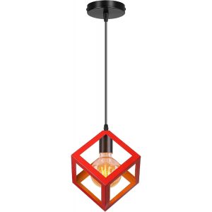 Lustre Suspension 3 Lampes Industrielle Luminaire Plafonnier Vintage E27 Plafond Abat-Jour Forme De Cube Métal Pour Sejour Chambre Cuisine (Rouge, 1pcs) - Neuf