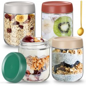 Mevronisshop-Lot De 4 Overnight Oats Jar 450ml, Pot Yaourt En Verre Avec Couvercle Bo&icirc;tes &Agrave; Avoine De Nuit, Bocaux En Verre Herm&eacute;tique Meal Prep Containers Pour L'avoine Yaourts Confitures Snacks - Neuf