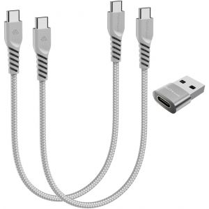 THEF-Câble USB C vers USB C 60 W (Lot de 3) 30cm+30cm+adaptateur, Câble tressé de Type C vers C Charge Rapide Compatible avec iPhone 15, iPad Pro, MacBook, Samsung S24/S23/A14/A15/A25/A55, etc. - Neuf