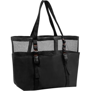 TIANYI-Grand Sac de Plage Femme, Sac de Plage Grand en Maille, Fourre-Tout de Plage Anti-Sable Pliable Main sac, Plusieurs Poches, pour Plage Voyages Gym Piscine Rangement Black - Neuf