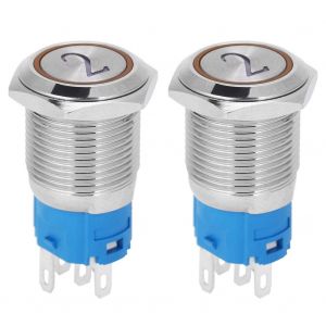 Lot de 2 interrupteurs a bouton-poussoir plats en metal a reinitialisation automatique, 5 broches, avec voyant et symbole numero 2, 16 mm, 220 V CA, jaune - Neuf