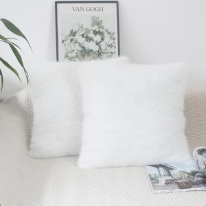 CAUC-Lot de 2 housses de coussin en fausse fourrure pour canap&eacute;, 50 x 50 cm, blanc pur - Neuf