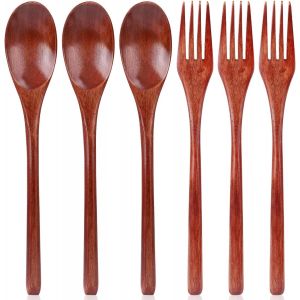 Kal-6pcs Cuillères Et Fourchettes En Bois, 22,5cm Cuillères En Bois Réutilisables Ensemble D'ustensiles De Service Pour Remuer Cuisiner Thé Café Miel Sucre Bocal Condiments Usage Quotidien - Neuf