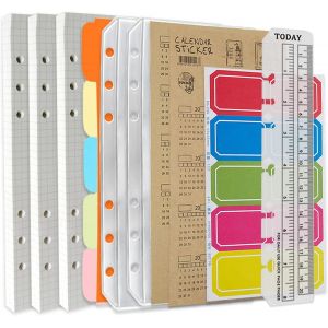 Eryi-Lot De Recharges A5 Pour Carnet De Notes À 6 Trous U2013 135 Feuilles De Papier Graphique + 2 Pochettes A5 À Fermeture Éclair + 5 Intercalaires A5 + Onglets Pour Notes + Index Avec Date + Règle - Neuf