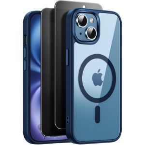 JGD-Coque Magn&eacute;tique pour iPhone 15 6,1 Pouces Compatible avec MagSafe avec 2 Verre Tremp&eacute; Anti-Espion [Protection Militaire] Mince &Eacute;tui Protection Antichoc Bumper Housse Transparent Case Cover, Bleu - Neuf